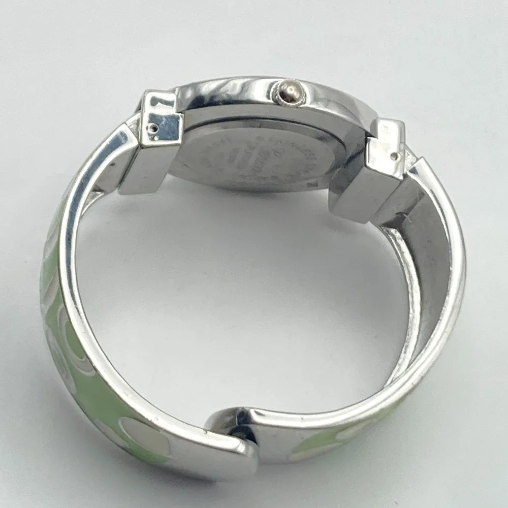 Geneva Women's Watch Silver Tone Green Enamel Look Cuff MOP New Battery SMALL 6